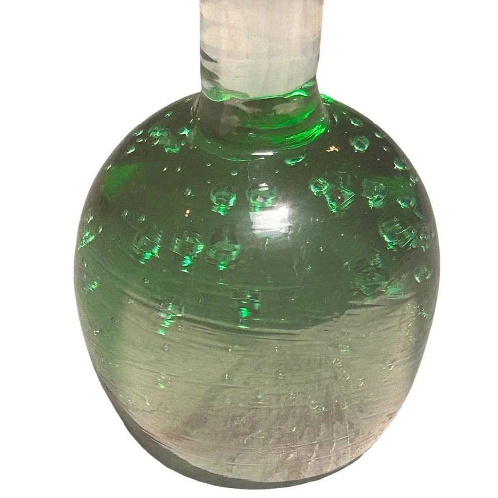 Vintage Green Controlled Bubble Base Bud Vase Clear Art Glass Mid Century 8 Inch